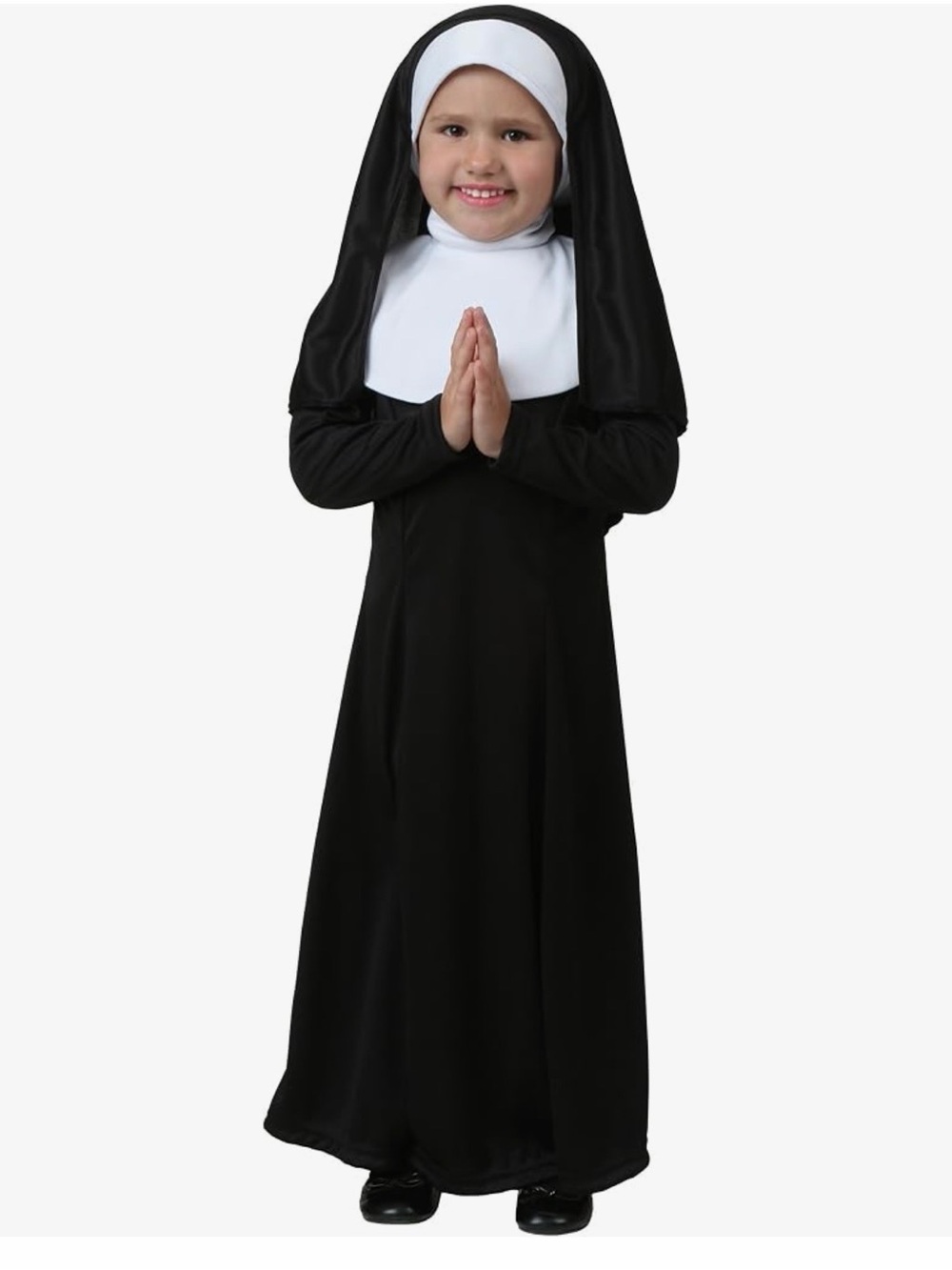 Kids Black Nun Costume with White Collar and Gold Cross Accent